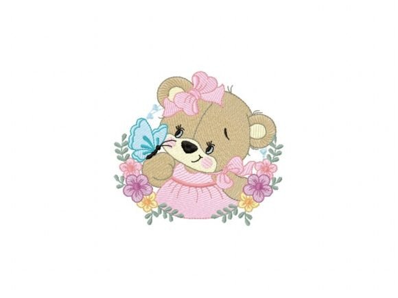 Charming Bear with Butterfly Embroidery Design